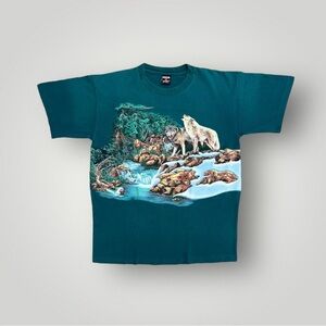 Vintage 90s Wolf Habitat Animal Wilderness Nature Wrap Around Shirt